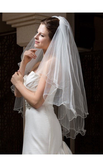 Two-tier Pencil Edge Fingertip Bridal Veils With Rhinestones