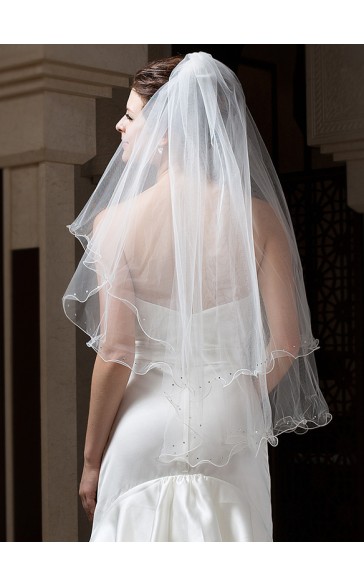 Two-tier Pencil Edge Fingertip Bridal Veils With Rhinestones