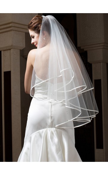 Two-tier Satin Edge Fingertip Bridal Veils With Beading