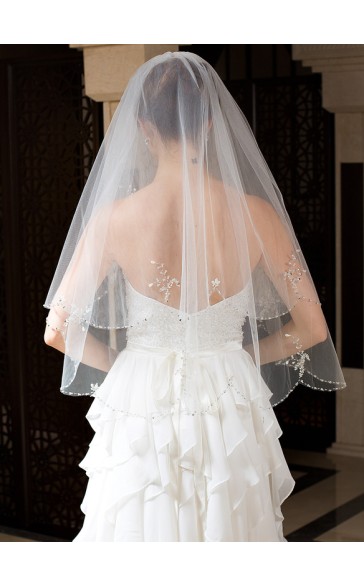 Two-tier Beaded Edge Elbow Bridal Veils With Beading/Sequin