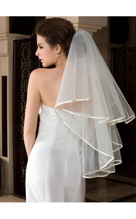 One-tier Satin Edge Waltz Bridal Veils With Ribbon/Faux Pearl