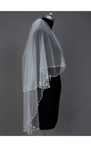 Two-tier Beaded Edge Fingertip Bridal Veils With Beading/Faux Pearl/Sequin