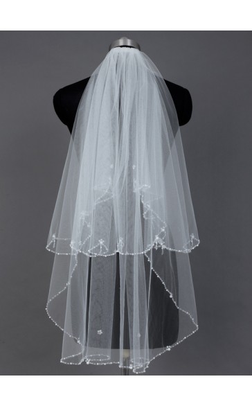 Two-tier Beaded Edge Fingertip Bridal Veils With Beading/Faux Pearl/Sequin