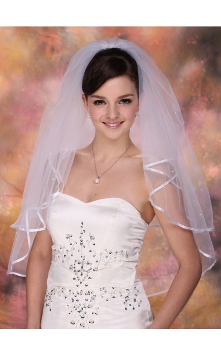 Two-tier Satin Edge Elbow Bridal Veils With Ribbon/Faux Pearl