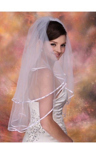 Two-tier Satin Edge Elbow Bridal Veils With Ribbon/Faux Pearl