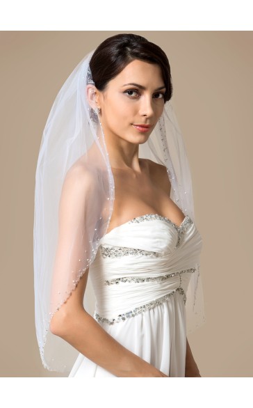 One-tier Beaded Edge Elbow Bridal Veils With Rhinestones/Faux Pearl