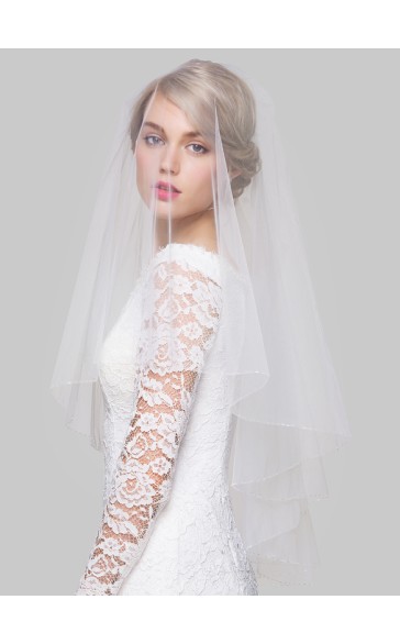 Two-tier Beaded Edge Fingertip Bridal Veils With Beading