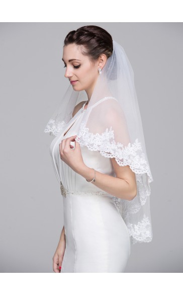 Two-tier Lace Applique Edge Elbow Bridal Veils With Lace