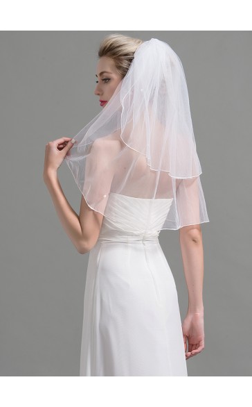 Two-tier Cut Edge Elbow Bridal Veils With Faux Pearl